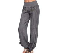 Lazzboy Frauen Feste Knöpfe Baumwolle Und Leinen Beiläufige Lose Hosen Weites Bein Pumphose Pluderhose Ballonhose Aladinhose Harem Hose Sommerhose(Grau,M)