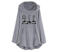 Lazzboy Frauen Fleece Cat Stickerei Plus Size Warme Hoodie Top Button Sweater Bluse Patchwork Kleidung Pullover Sweatshirt Damen Langarm Oversize(Grau,4XL)