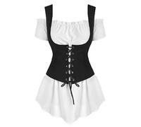 Lazzboy Frauen Kalt Retro Schulter Kurzarm Shirt Lace Up Tops Bluse Weste Set Damen Bügel Sexy Breiter Gürtel Korsett Taille Elastischen Breiten Band Gebunden Waspie Hüftgurt(Weiß,2XL)