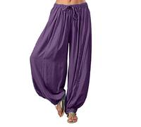 Lazzboy Frauen Plus Größe Einfarbig Beiläufige Lose Pluderhosen Yoga Hosen Frauen Hosen Damen Leinenhose Größe Sommerhose Tunnelbund Mit Gummizug(Lila,L)
