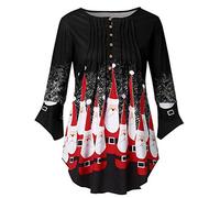 Lazzboy Frauen Plus Size Damenmode Crinkle Chest Weihnachten Print Flare Cuff Bluse Weihnachtsbluse Für Lady Tops Regular Solid Langarm Rot Weihnachtsmann(Schwarz,5XL)