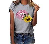 Lazzboy Frauen Plus Size Print Kurzarm T-Shirt Bluse Tops Damen Kurzarm, Frashing Lose Knopfleiste Rundhals Tunika Tailliertes Basic Sommer Größe Lippen Geste Beiläufige O Neck(Grau,3XL)
