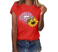Lazzboy Frauen Plus Size Print Kurzarm T-Shirt Bluse Tops Damen Kurzarm, Frashing Lose Knopfleiste Rundhals Tunika Tailliertes Basic Sommer Größe Lippen Geste Beiläufige O Neck(Rot,3XL)