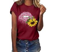 Lazzboy Frauen Plus Size Print Kurzarm T-Shirt Bluse Tops Damen Kurzarm, Frashing Lose Knopfleiste Rundhals Tunika Tailliertes Basic Sommer Größe Lippen Geste Beiläufige O Neck(Wein,3XL)