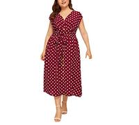 Lazzboy Frauen Plus Size V-Ausschnitt ärmellose Polka Dot Printed Button Belt Dress Damen Kleider V Ausschnitt Punkte Sommerkleid Rüschen Kurzarm Minikleid Strandkleid Gürtel(Rot,2XL)