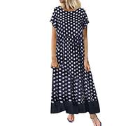 Lazzboy Frauen Polka Dot Gefälschte Stücke O-Neck Kurzarm Sommer Size Damen Boho Lang Kleid, Vintage Rundhals Maxi Shirtkleid Oberteil Lockere Abendkleid Strand Kleider(Schwarz,5XL)