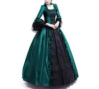 Lazzboy Frauen Retro Mittelalter Party Prinzessin Renaissance Cosplay Spitze Bodenlanges Kleid Langarm Viktorianischen Königin Kostüm Maxikleid(X-Grün,L)