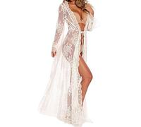 Lazzboy Frauen Sexy Lange Kleid Schiere Durchsichtig Dessous Cardigan Spitze Nachtwäsche Damen Kimono Transparent Morgenmantel Langes Strandkleid Mit Gürtel(Weiß,M)