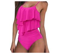 Lazzboy Frauen Sexy Rüschen Badeanzüge Mit Hoher Taille 2 Stück Tankini Baden Bikini Damen Set Bademode Zweiteilig Badeanzug Große Zweiteilige Strandkleidung(Pink,M)