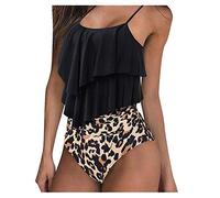 Lazzboy Frauen Sexy Rüschen Badeanzüge Mit Hoher Taille 2 Stück Tankini Baden Bikini Damen Set Bademode Zweiteilig Badeanzug Große Zweiteilige Strandkleidung(Schwarz,2XL)