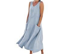 Lazzboy Frauen Tägliches Beiläufiges V-Ansatz Sleeveless Boho Blumensundress Maxi Kleid Damen Lange Kleider Sommerkleid Tops Vintage Oansatz Plus Größe Taschen Dress(Marine,5XL)