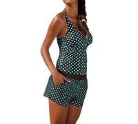 Lazzboy Frauen Tankini Badeanzug Bikini Beachwear Bademode Gepolstert Push Up Plus Damen übergröße Punktdruck Sets Gepolsterte(Dunkelgrün,XL)