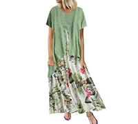 Lazzboy Frauen Weinlese Druck Patchwork Oansatz Kurzschluss Hülsen Plus Größen Maxi Kleid Kleider Damen Leinenkleid Sommerkleider Lang Strandkleid Kurzarm Lose Boho Vintage(Grün,2XL)