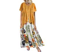 Lazzboy Frauen Weinlese Druck Patchwork Oansatz Kurzschluss Hülsen Plus Größen Maxi Kleid Kleider Damen Leinenkleid Sommerkleider Lang Strandkleid Kurzarm Lose Boho Vintage(Gelb,3XL)