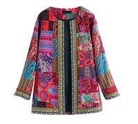 Lazzboy Frauen Weinlese Ethnische Art-Blumendruck Lange Hülse Mantel Jacke Damen Sweatshirt Blumendruck Kapuze Kapuzenjacke Hoodie Taschen Pullover übergroße(Pink,L)