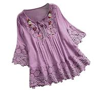 Lazzboy Frauen Weinlese Spitze Patchwork Bogen V-Ausschnitt DREI Viertel Blusen Top T-Shirt Damen Bohemian Stickerei Floral Tunika Shirt Bluse(Violett,M)