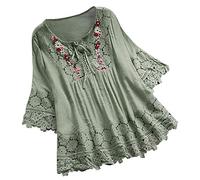 Lazzboy Frauen Weinlese Spitze Patchwork Bogen V-Ausschnitt DREI Viertel Blusen Top T-Shirt Damen Bohemian Stickerei Floral Tunika Shirt Bluse(Grün,L)