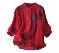 Lazzboy Frauen Weinlese Spitze Patchwork Bogen V-Ausschnitt DREI Viertel Blusen Top T-Shirt Damen Bohemian Stickerei Floral Tunika Shirt Bluse (X1-Rot,3XL)