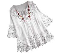 Lazzboy Frauen Weinlese Spitze Patchwork Bogen V-Ausschnitt DREI Viertel Blusen Top T-Shirt Damen Bohemian Stickerei Floral Tunika Shirt Bluse(Weiß,3XL)