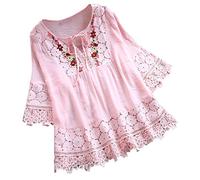 Lazzboy Frauen Weinlese Spitze Patchwork Bogen V-Ausschnitt DREI Viertel Blusen Top T-Shirt Damen Vintage Bohemian Sommerkleid Tunikakleid Bluse Oberteile Shirt Crop Tops(Rosa,3XL)