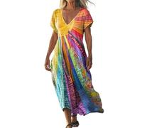 Lazzboy Freizeit Freizeitkleider für Damen, fließender V-Ausschnitt, Kurze Ärmel, 2026 Maxikleid, leichte -Strandurlaubskleidung Leichte Sommerkleider (H, XL)
