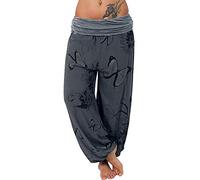 Lazzboy Haremshose Pumphose Frauen Print Pants Wide Leg Loose Damen Hosen Bedrucken Sommerhose Yogahose Aladinhose(Grau,S)