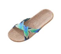 Lazzboy Hausschuhe Damen Pantoffeln Slipper Strand Casual Indoor Home On Schuhe Leinen Flache Sandalen Zuhause Atmungsaktiv Rutschfest Bequem Sohle Waschbar Schlappen Badeslipper (Grün,37)