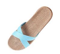 Lazzboy Hausschuhe Damen Sommer Pantoffeln Leinen Hausschlappen Slipper Flachs Schuhe Indoor Atmungsaktiv rutschfest Rattan Hallenschuhe Duschlatschen Sauna Badeschlappen Pantoletten (Blau,37)