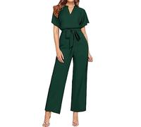 Lazzboy Hosenanzüge Damen Overall Mit V-Ausschnitt Und Kurzen Ärmeln Gürtel Jumpsuit Elegant Einfarbig Kurzarm Rundhals Romper Locker Playsuit Arbeitshose Sommer Weites Bein (Grün,XXL)