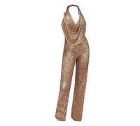Lazzboy Hosenanzug Damen Festlich Elegant Anzug Sommer Overall Dame Ärmellose Neckholder Pailletten Hosen Frauen Strampler Hochzeit Jumpsuit Ärmellos V-Ausschnitt Party (Gold,XS)
