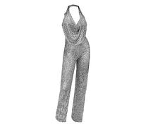 Lazzboy Hosenanzug Damen Festlich Elegant Anzug Sommer Overall Dame Ärmellose Neckholder Pailletten Hosen Frauen Strampler Hochzeit Jumpsuit Ärmellos V-Ausschnitt Party (Silber,XXL)