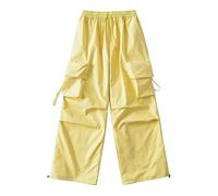 Lazzboy Jogginghose Damen Baggy Cargohose Multi Taschen High Waist Stretch Wanderhose Sport Mit Elastischen Knöcheln Cargo Hose Weite Lang Freizeithose Streetwear Pants (Gelb,M)