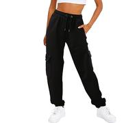 Lazzboy Jogginghose Damen Lang Cargohose Solide Taschenhose Hohe Taille Elastisches Band Pulloverhose Kordelzug Freizeithose Offenem Boden Sporthose Geradem Bein Hose Mit Taschen (Schwarz,XL)