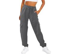 Lazzboy Jogginghose Damen Lang Cargohose Solide Taschenhose Hohe Taille Elastisches Band Pulloverhose Kordelzug Freizeithose Offenem Boden Sporthose Geradem Bein Hose Mit Taschen (Dunkelgrau,XXL)