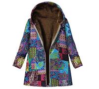 Lazzboy Kapuze Mantel Frauen Winter Warmer Gedruckter Taschen Stärkerer Reißverschluss Damen Outwear Plüschjacke Floral Print Winterjacke Warmen Lange ärmel(Blau,4XL)
