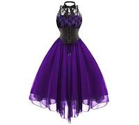 Lazzboy Karneval Kostüm Cosplay Frauen Reizvolle Spitze Kleid Retro Gerichts Prinzessin Sleeveless Mini Dress Damen Vintage Schnürung Rückenfrei Cocktailkleid Minikleid(Lila,L)