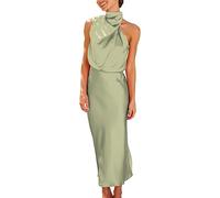 Lazzboy Kleid Damen Elegant Für Hochzeit Ärmellos Einfarbig Sommer Satin Krawatte Taille Elegante Cocktail Party Langer Schlank Cocktailkleid Abendkleider Partykleid Maxikleid (Hellgrün,M)