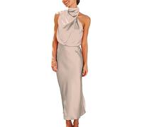 Lazzboy Kleid Damen Elegant Für Hochzeit Ärmellos Einfarbig Sommer Satin Krawatte Taille Elegante Cocktail Party Langer Schlank Cocktailkleid Abendkleider Partykleid Maxikleid (Khaki,L)
