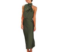 Lazzboy Kleid Damen Elegant Für Hochzeit Ärmellos Einfarbig Sommer Satin Krawatte Taille Elegante Cocktail Party Langer Schlank Cocktailkleid Abendkleider Partykleid Maxikleid (Grün,M)