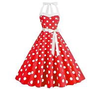Lazzboy Kleid Damen Festlich Abendkleider 50s Partykleider Pink Rosa Wellenpunkt Hängehals Elegantes Hochzeitskleid Vintage Freizeitkleid Kostüm Dress Cocktailkleid Wickelkleid (Rot,XXL)