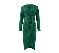 Lazzboy Kleid Damen Festlich V-Ausschnitt Und Taille Schmales Langarmkleid Einfarbig V-Ausschnitt Glitz Cocktailkleid Knoten Abendkleid Elegant Langarm Winter Mit Hohem Schlitz (Grün,L)