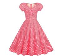 Lazzboy Kleid Damen Vintage 50er Jahre Retro Kurzarm Gepunktet Bedruckt Pink Rosa Swing Cocktailkleid Rockabilly V-Ausschnitt Faltenrock Kleider Schulterfrei A-Linie Partykleid (Rosa,S)