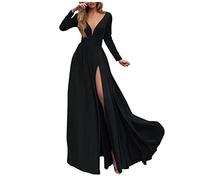 Lazzboy Kleid Festlich Damen V-Ausschnitt Spitze Off Shoulder Plissee Kurzarm Schlitz Elegante Maxikleid Partykleid Abendkleid Hochzeit Langes Langarm Cocktailkleid Ballkleid (Schwarz,XL)