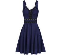 Lazzboy Kleid Frauen Kühle Feste Verband Unregelmäßiger Rand ärmelloses Unterhemd Minikleid Damen Gothic Ledergürtel Plissee Strap Street Punk Cosplay(Dunkelblau,S)