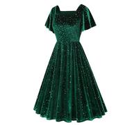 Lazzboy Kleid Hochzeitsgast Damen Abendkleider Kurze Ärmel Samt Pailletten Abendkleid Elegant Für Hochzeit Maxi Samtkleid V Ausschnitt Cocktailkleid (Grün,XXL)