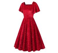 Lazzboy Kleid Hochzeitsgast Damen Abendkleider Kurze Ärmel Samt Pailletten Abendkleid Elegant Für Hochzeit Maxi Samtkleid V Ausschnitt Cocktailkleid (Rot,S)
