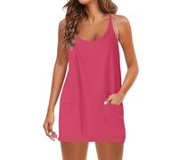 Lazzboy Kleider Ärmelloses Sommerkleid für Damen, V-Ausschnitt, Spaghettiträger, sportliches kurzes Kleid mit Damenkleider Elegant (Hot Pink, XL)