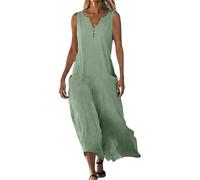 Lazzboy Kleider Damen Damen-Tankkleid, einfarbig, V-Ausschnitt, Seitentaschen, lässig, mittellang Pinkes Kleid Sommerkleid (Green, XL)