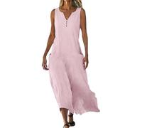 Lazzboy Kleider Damen Damen-Tankkleid, einfarbig, V-Ausschnitt, Seitentaschen, lässig, mittellang Pinkes Kleid Sommerkleid (Pink, XL)