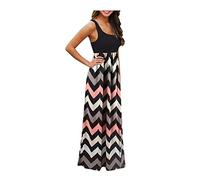 Lazzboy Kleider Frauen Gestreiftes Langes Boho-Kleid Beach Summer Sundress Maxi-Kleid Damen Sommerkleid Boho ärmellos Strandkleid Rundhals Maxikleid Abendkleid Große (Schwarz,M)